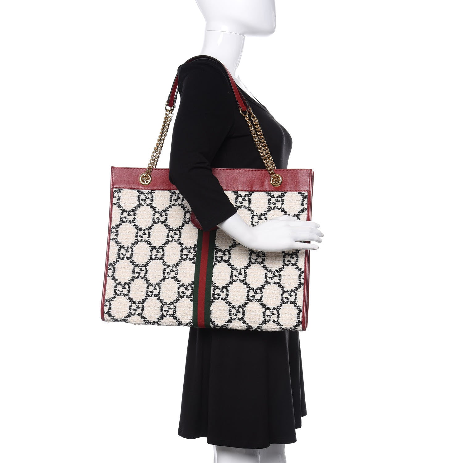Gucci Tweed GG Monogram Large Rajah Chain Tote White Black Romantic Cherry 2 of 10
