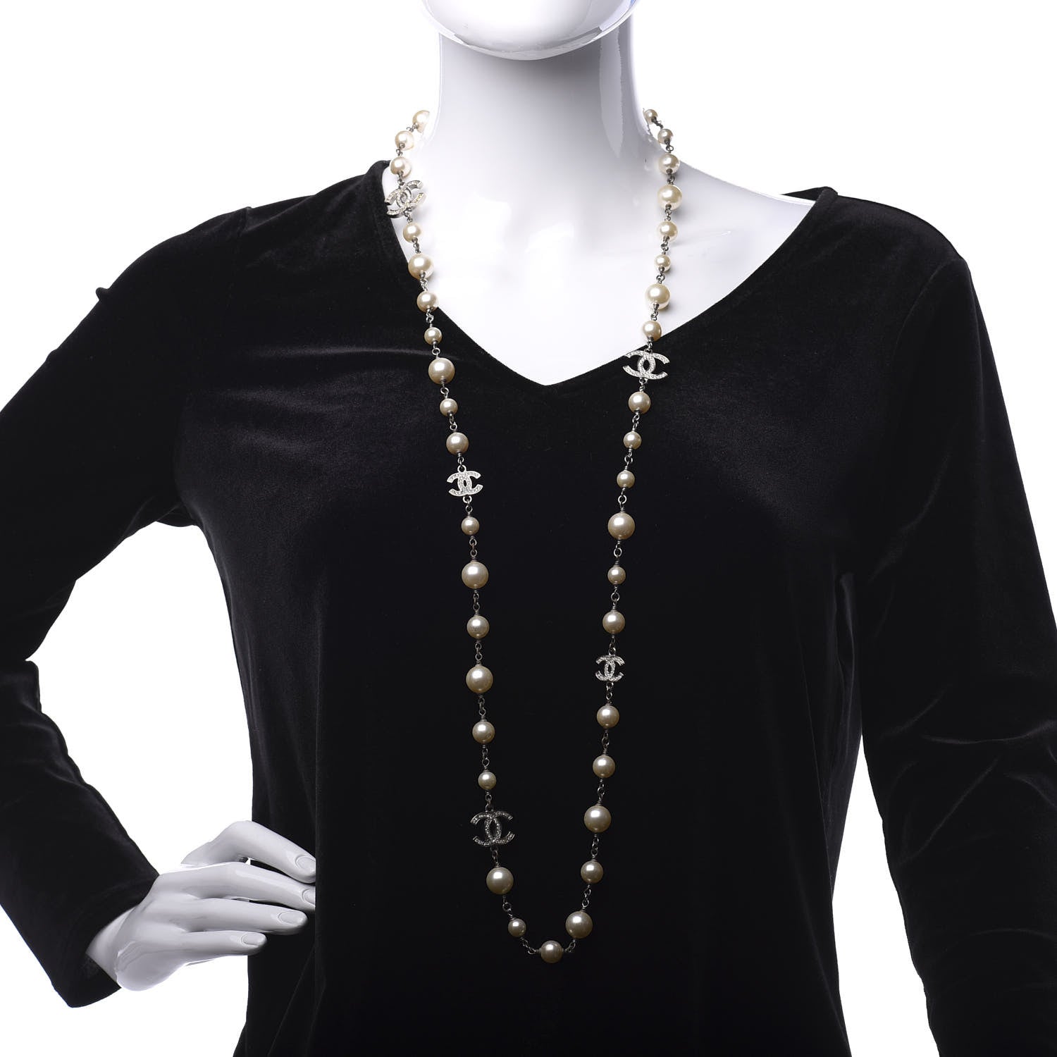 Chanel Crystal Pearl CC Long Necklace Silver 2 of 6