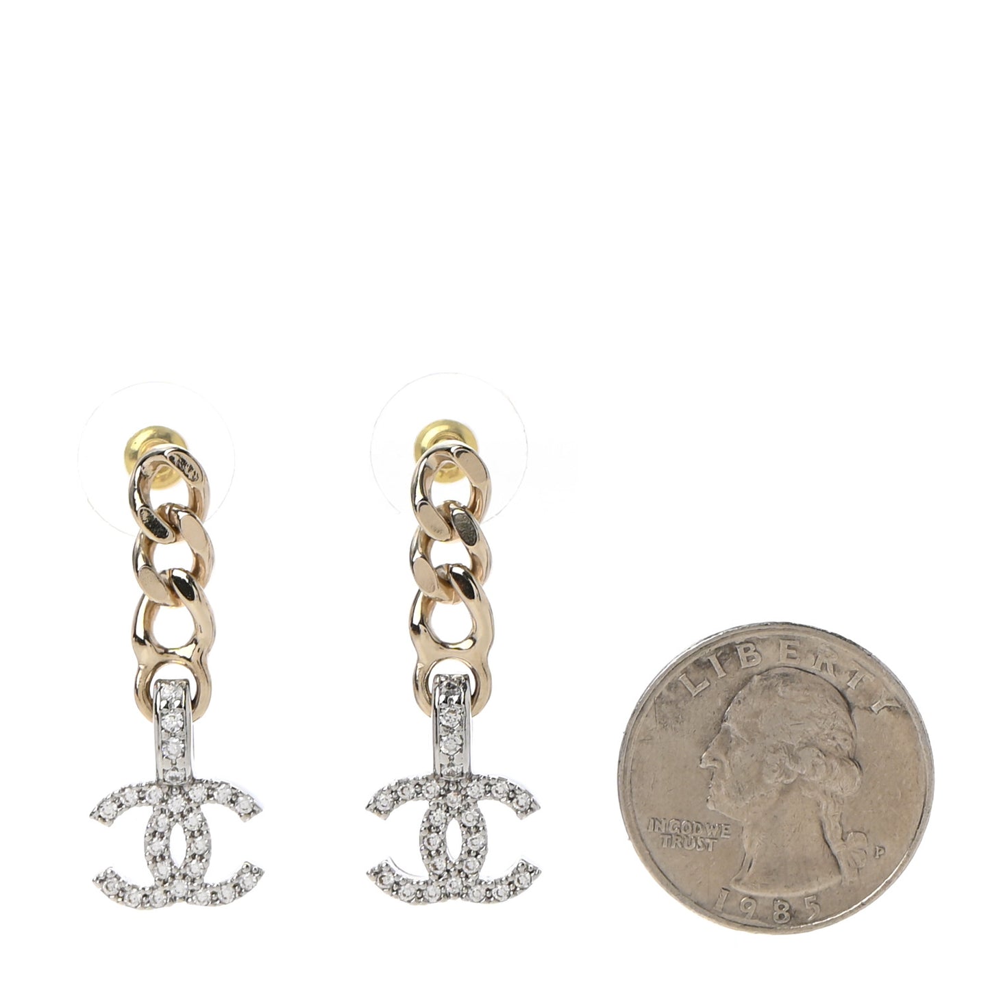 Metal Crystal CC Chain Drop Earrings Gold