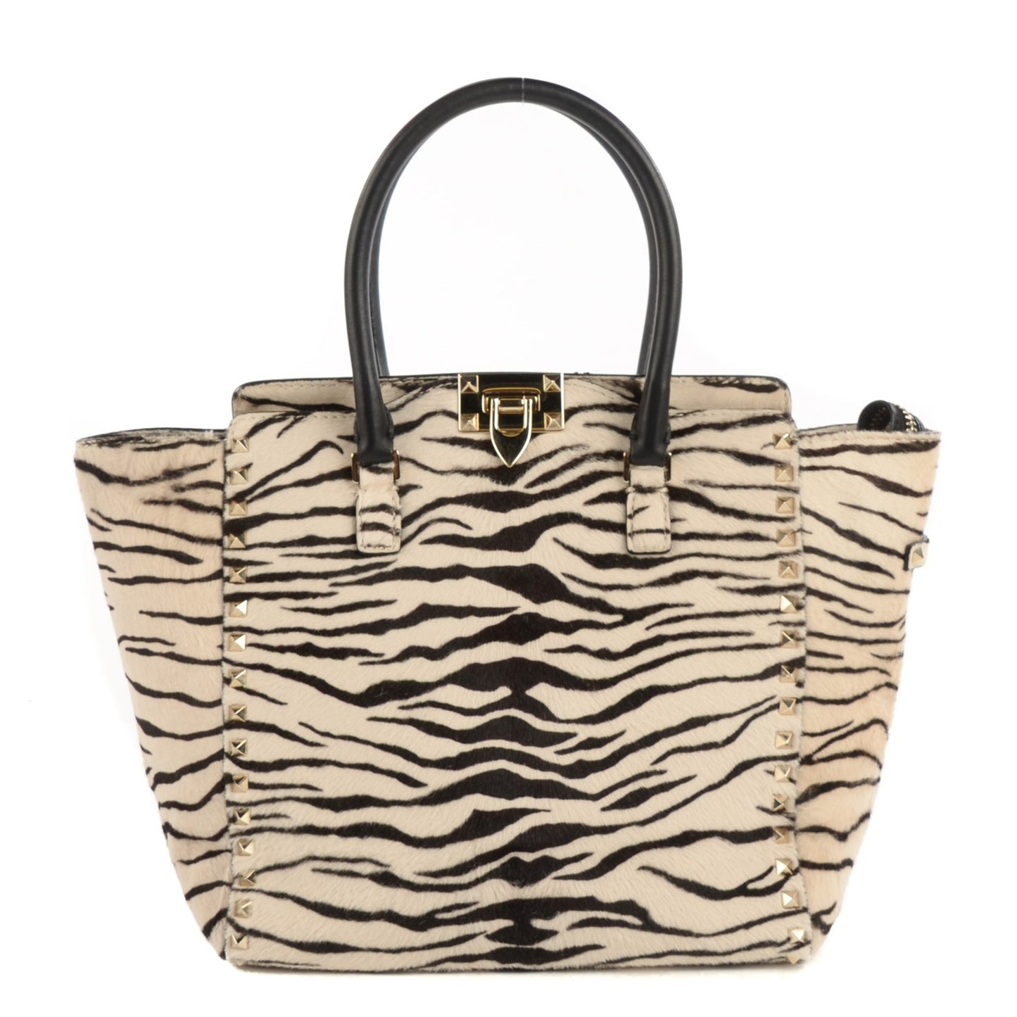 Zebra Print Calf Hair Rockstud Double Handle Tote