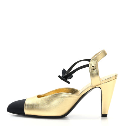 Chanel Laminated Lambskin Grosgrain Cap Toe CC Pumps 39 Gold Black 1 of 8