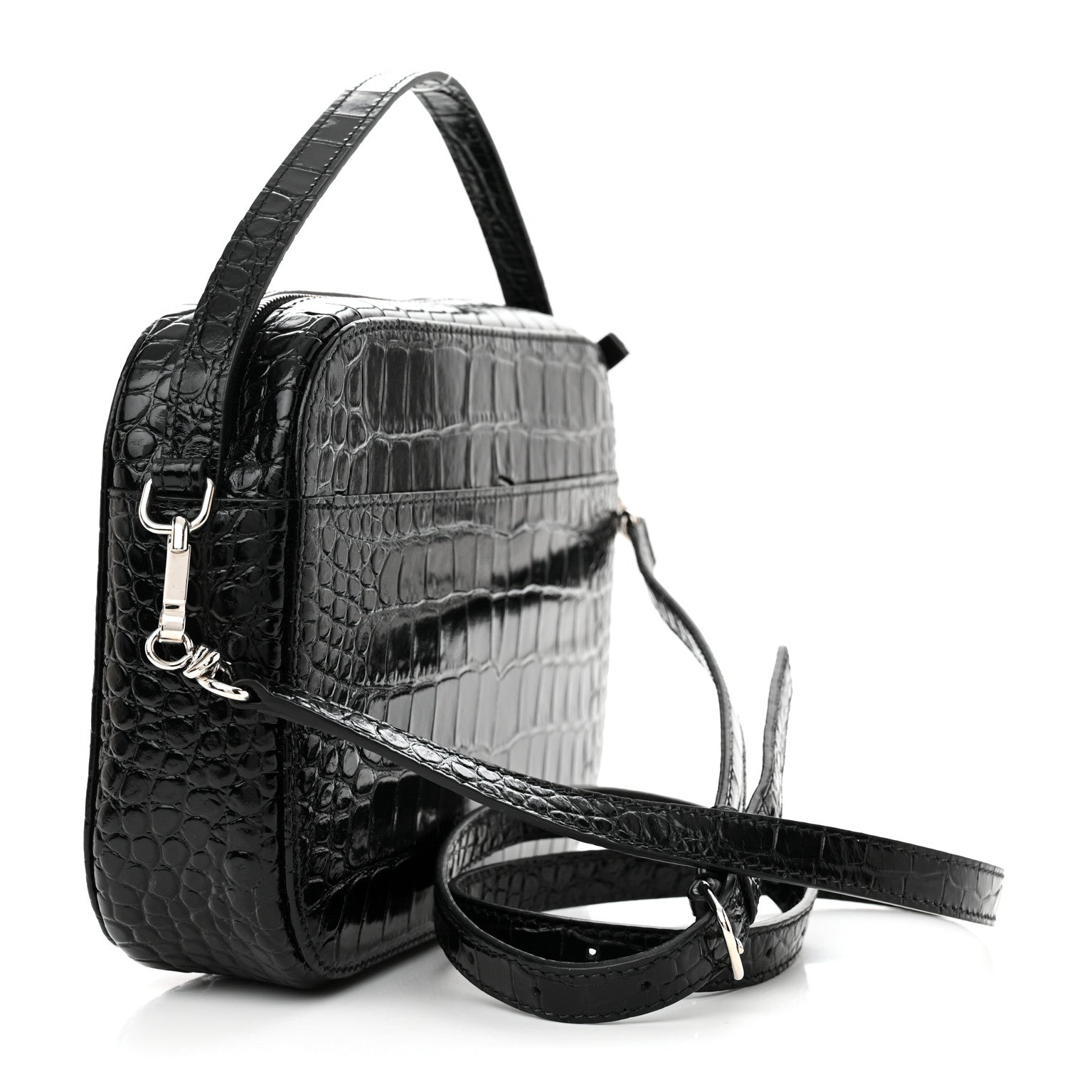 Balenciaga Shiny Calfskin Logo Crocodile Embossed S Everyday Camera Bag with Handle Black 3 of 13