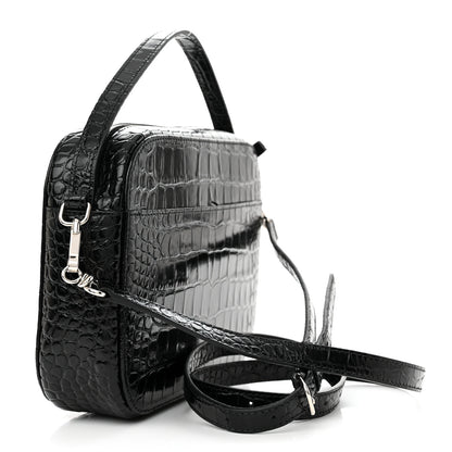 Balenciaga Shiny Calfskin Logo Crocodile Embossed S Everyday Camera Bag with Handle Black 3 of 13