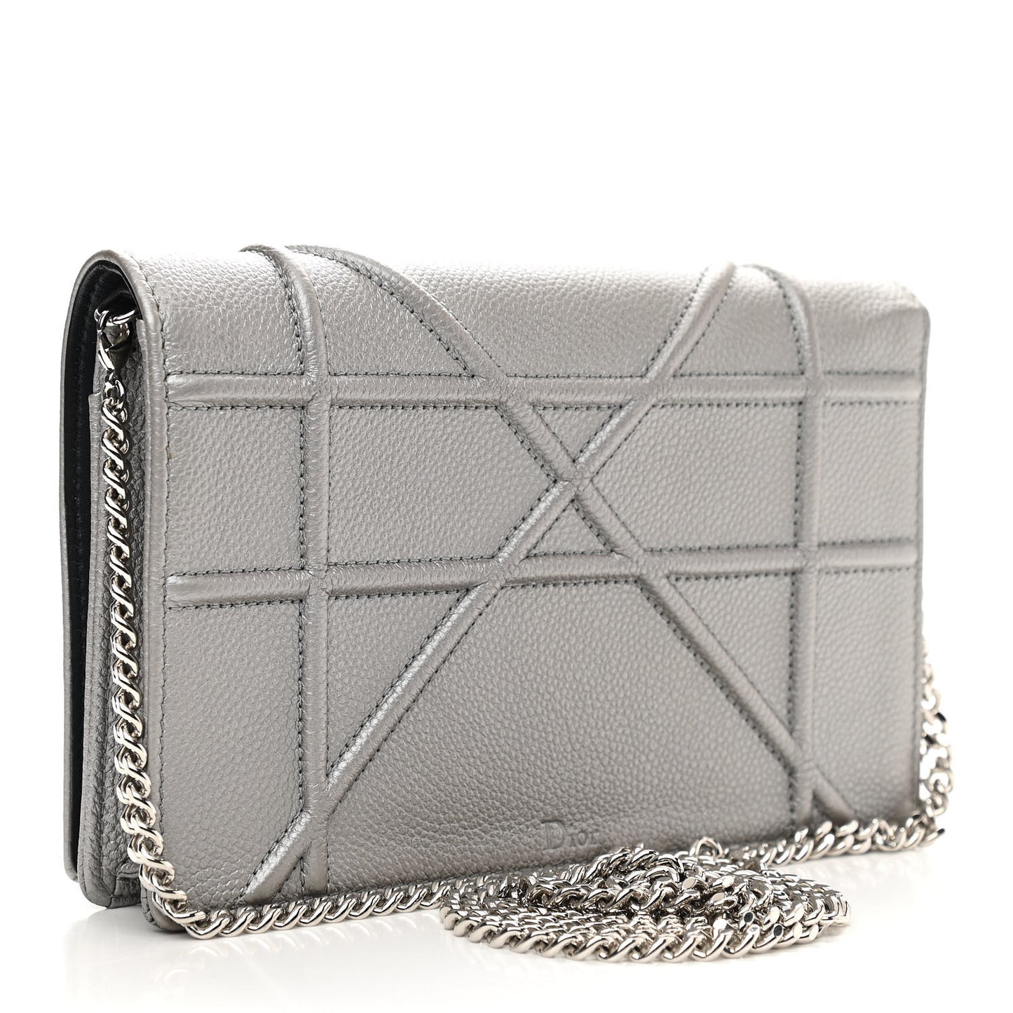 Metallic Grained Calfskin Diorama Wallet on Chain Pouch Silver