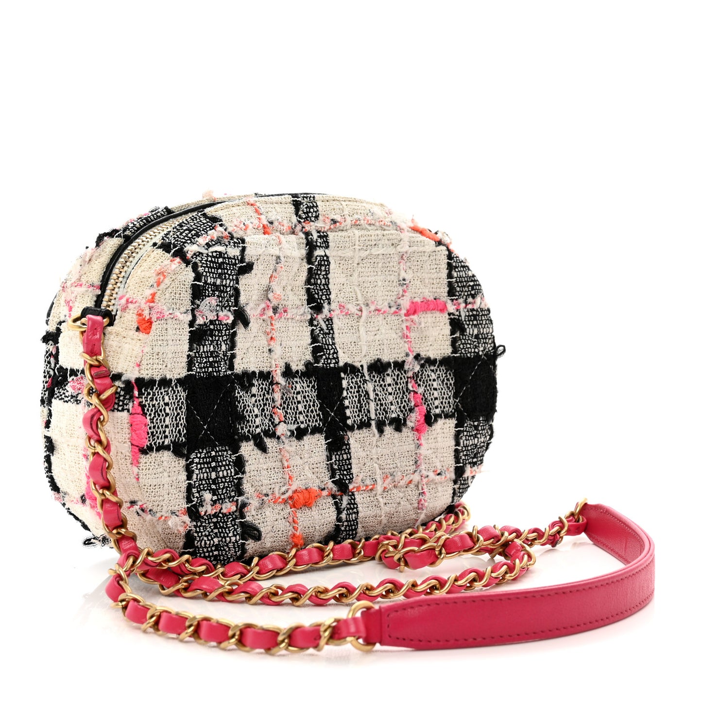 Tweed Lambskin Quilted Coco Midnight Camera Case White Black Multicolor