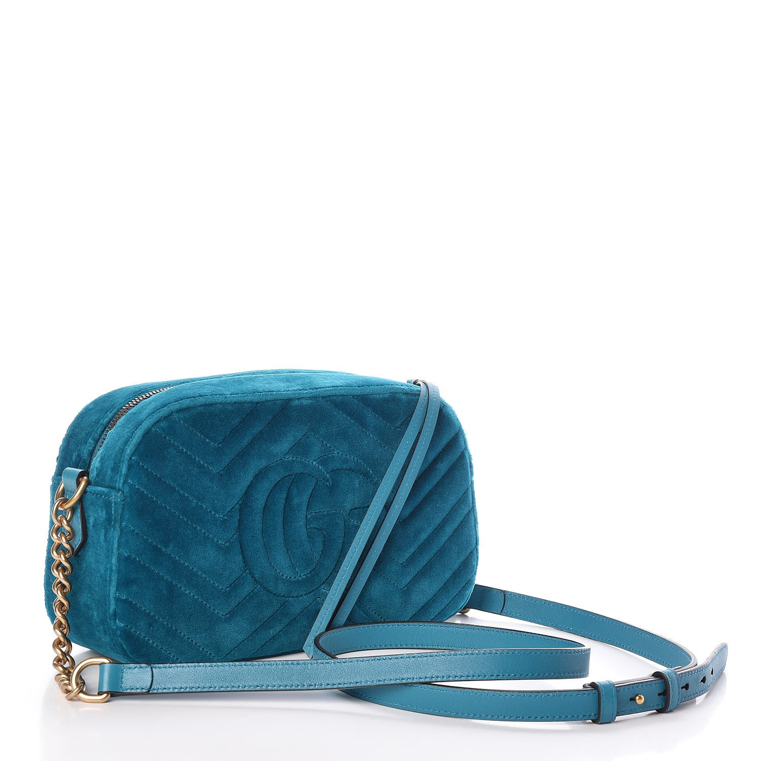 Gucci Velvet Matelasse Small GG Marmont Chain Shoulder Bag Pavone Cyan 3 of 9