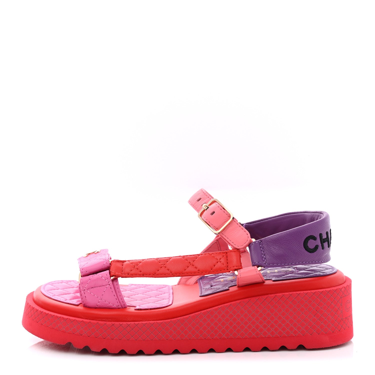 Chanel Lambskin Logo Platform Sandals 37 Red Purple Orange 1 of 10