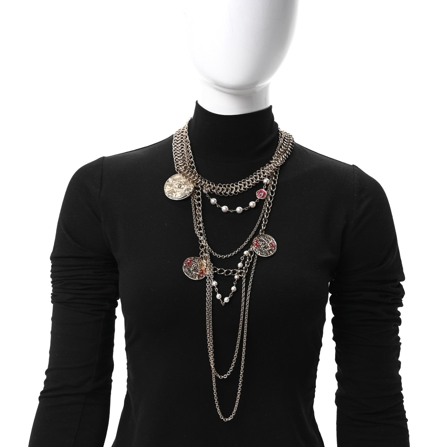 Chanel Resin Pearl Metal CC Camellia Multi Strand Chain Necklace Pink Gold 2 of 4