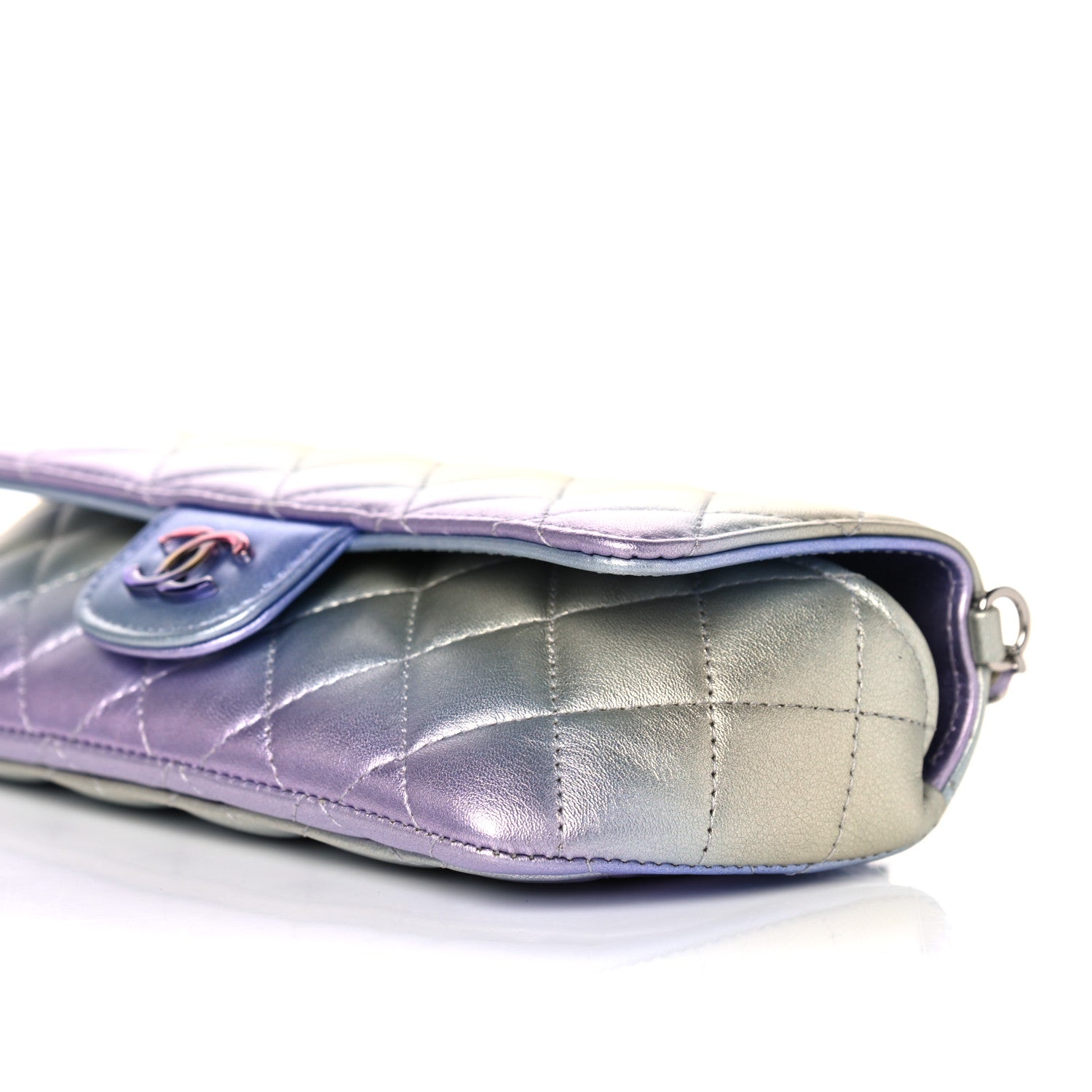 Chanel Gradient Metallic Calfskin Quilted Glasses Case With Chain Silver Blue Yellow Purple 10 of 11