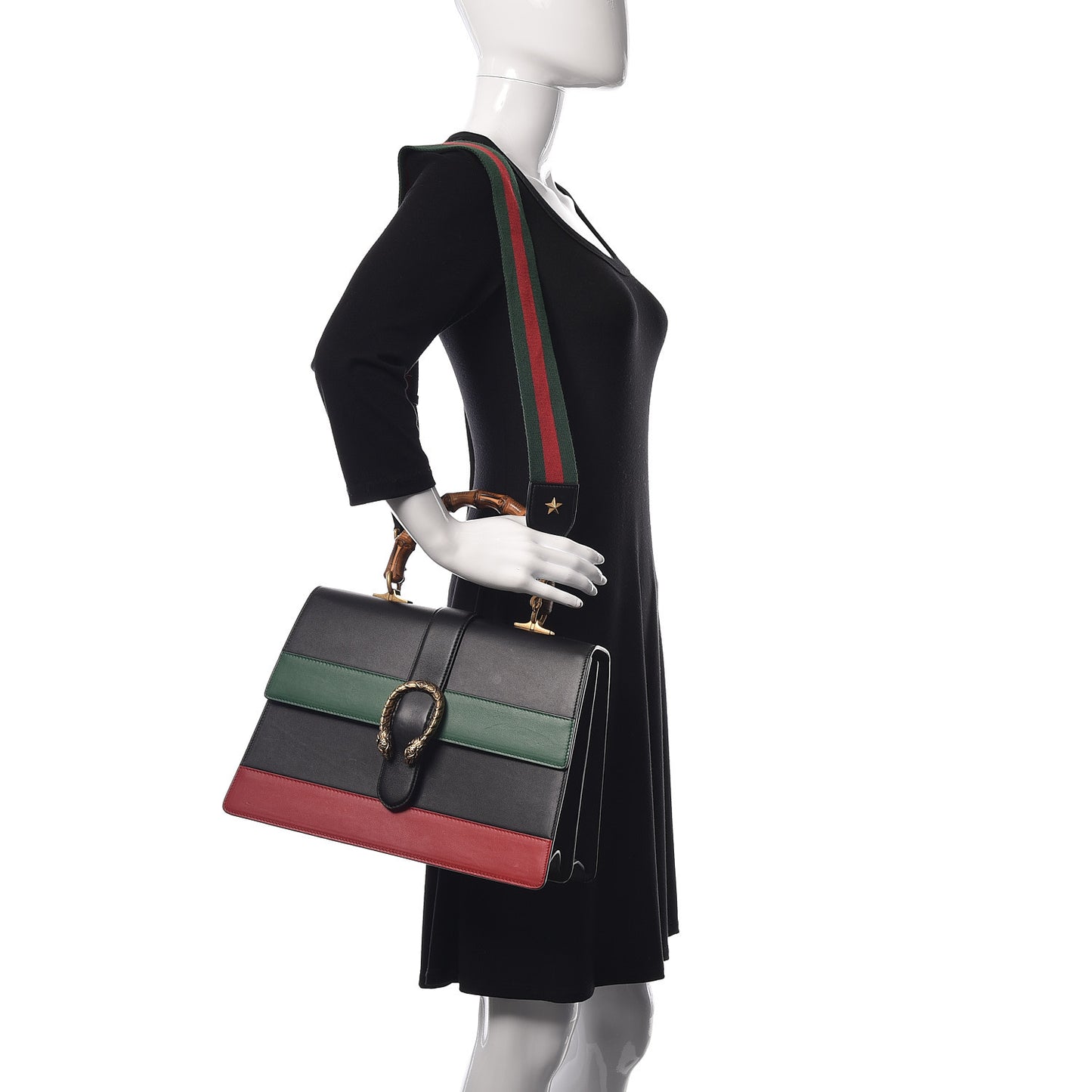 Calfskin Bamboo Web Large Dionysus Top Handle Bag Black Bright Evergreen Hibiscus Red