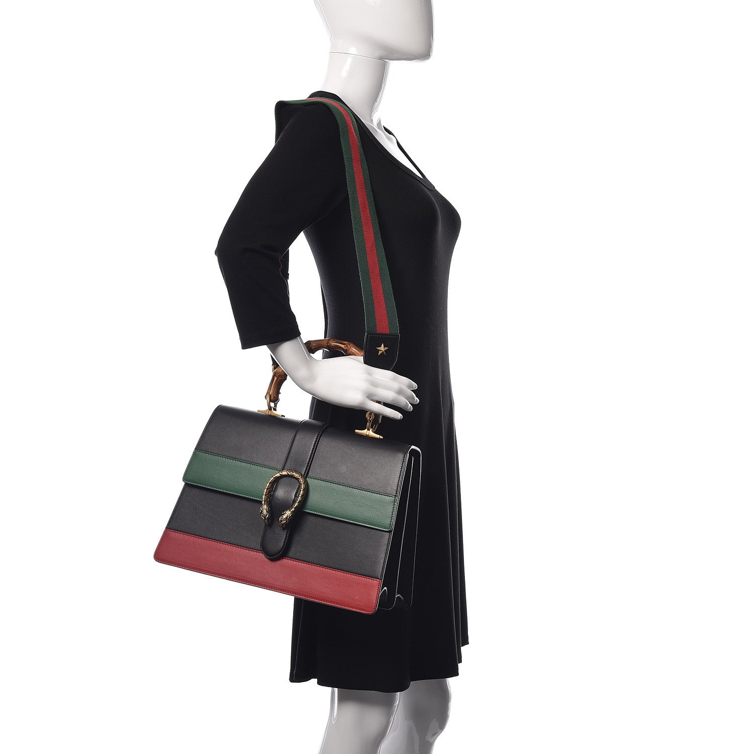 Gucci Calfskin Bamboo Web Large Dionysus Top Handle Bag Black Bright Evergreen Hibiscus Red 2 of 10