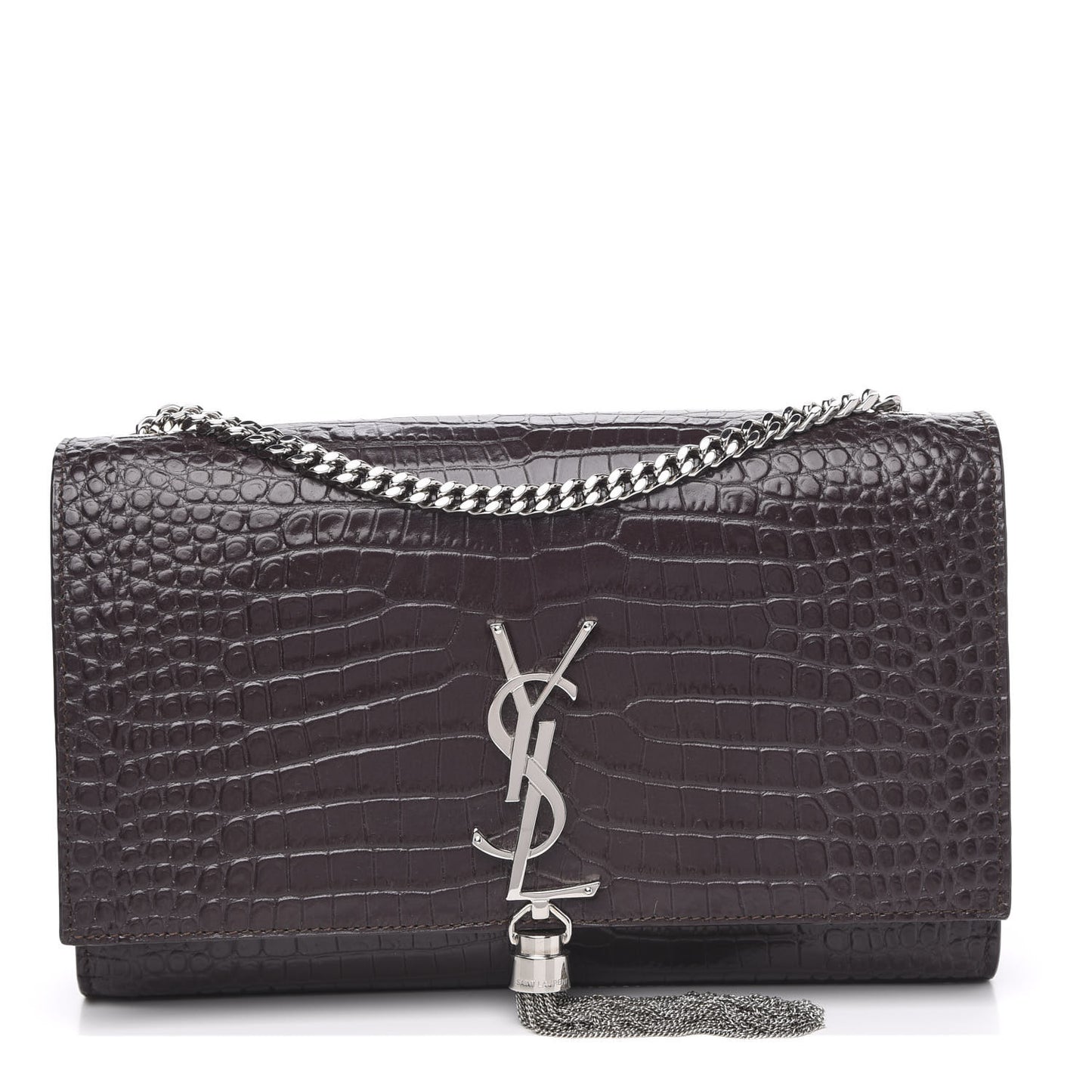 Calfskin Crocodile Embossed Medium Classic Monogram Kate Tassel Satchel Dark Brown