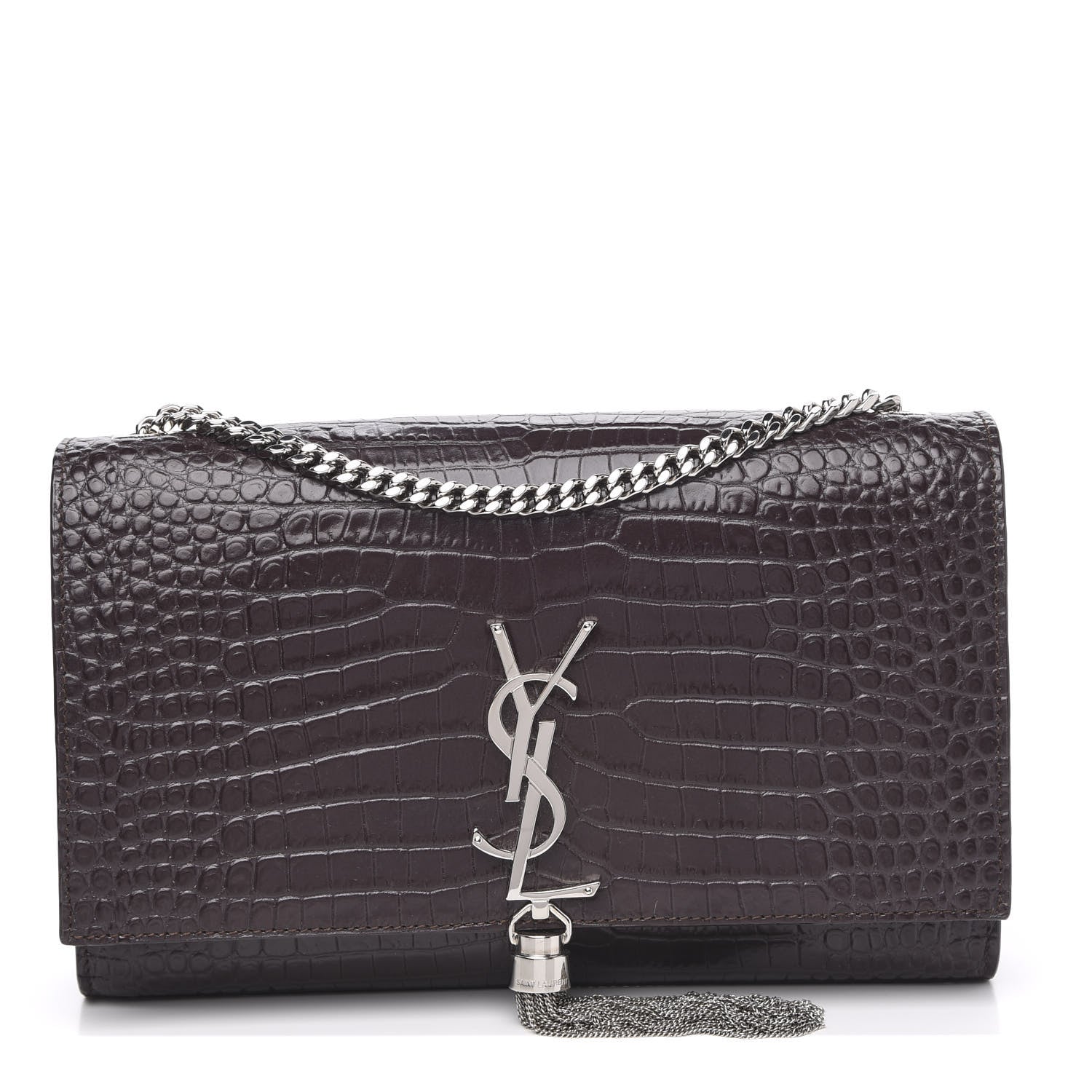 Saint Laurent Calfskin Crocodile Embossed Medium Classic Monogram Kate Tassel Satchel Dark Brown 1 of 10