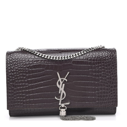 Saint Laurent Calfskin Crocodile Embossed Medium Classic Monogram Kate Tassel Satchel Dark Brown 1 of 10