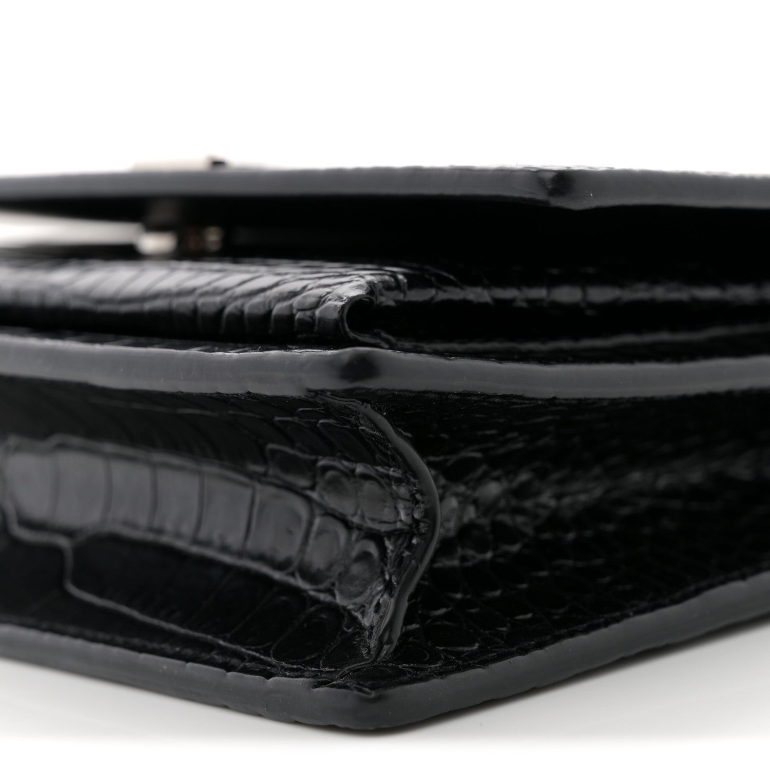 Saint Laurent Calfskin Crocodile Embossed Monogram Sunset Top Handle Chain Wallet Black 9 of 10
