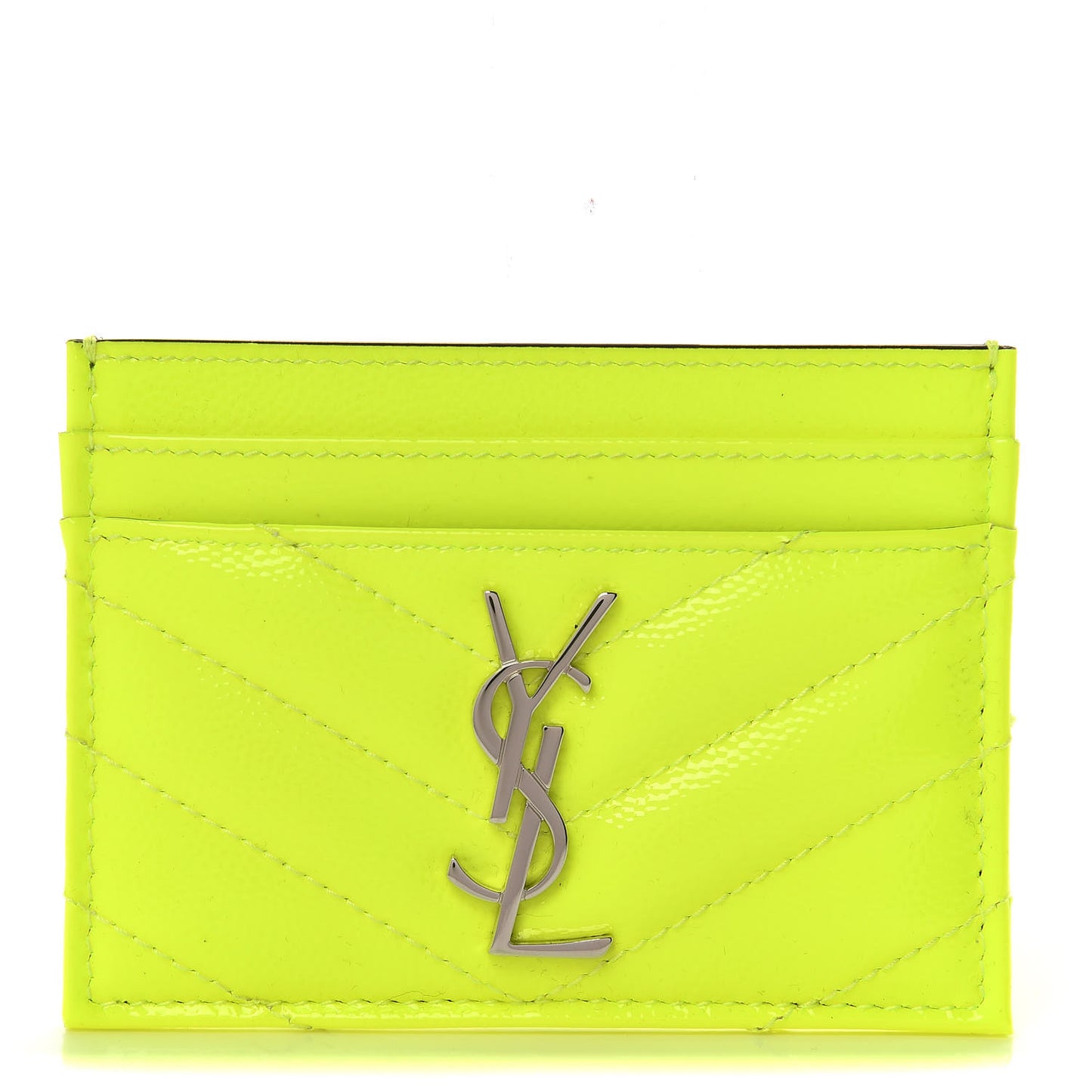 Patent Grain De Poudre Matelasse Chevron Monogram Credit Card Case Neon Yellow