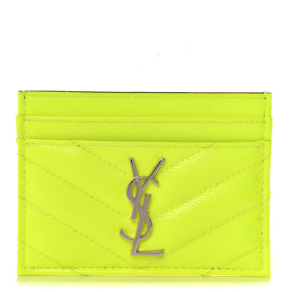 Saint Laurent Patent Grain De Poudre Matelasse Chevron Monogram Credit Card Case Neon Yellow 1 of 8