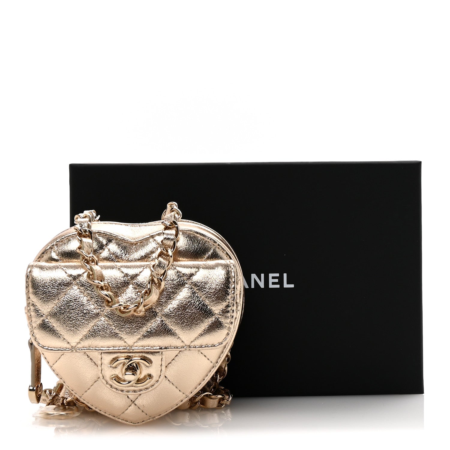 Chanel Metallic Lambskin Quilted CC In Love Heart Waist Belt Bag With Chain Gold 11 of 11