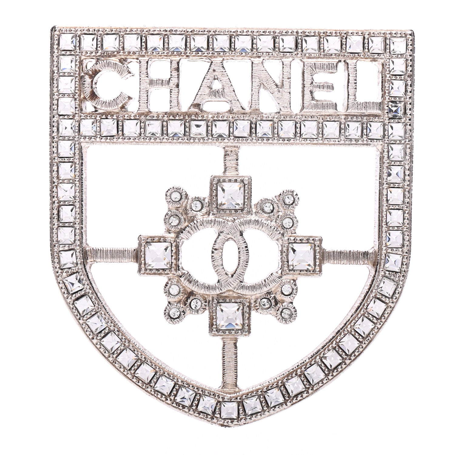 Chanel Swarovski Baguette Crystal CC Shield Brooch Silver 1 of 6