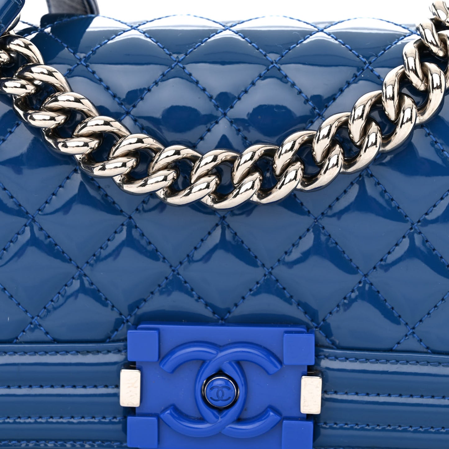 Patent Calfskin Quilted Small Plexiglass Boy Flap Blue