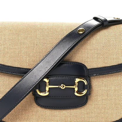 Gucci Vintage Rice Canvas Plutone Calfskin Horsebit 1955 Shoulder Bag Beige Blue 8 of 10