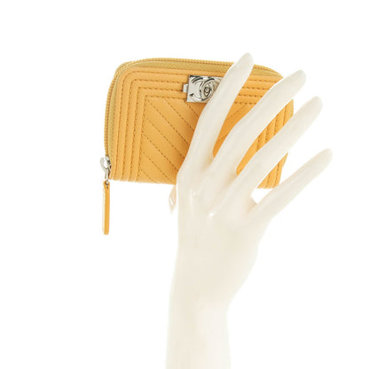Chanel Calfskin Chevron Quilted Zip Around Boy Coin Purse Wallet Yellow 2 of 7
