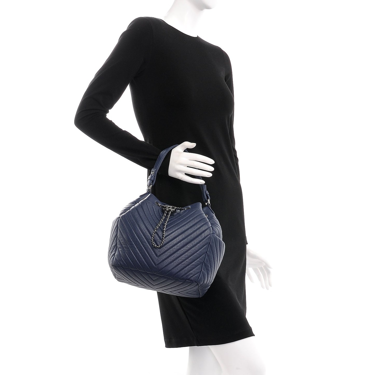 Deerskin Chevron Medium Chain Bucket Bag Blue