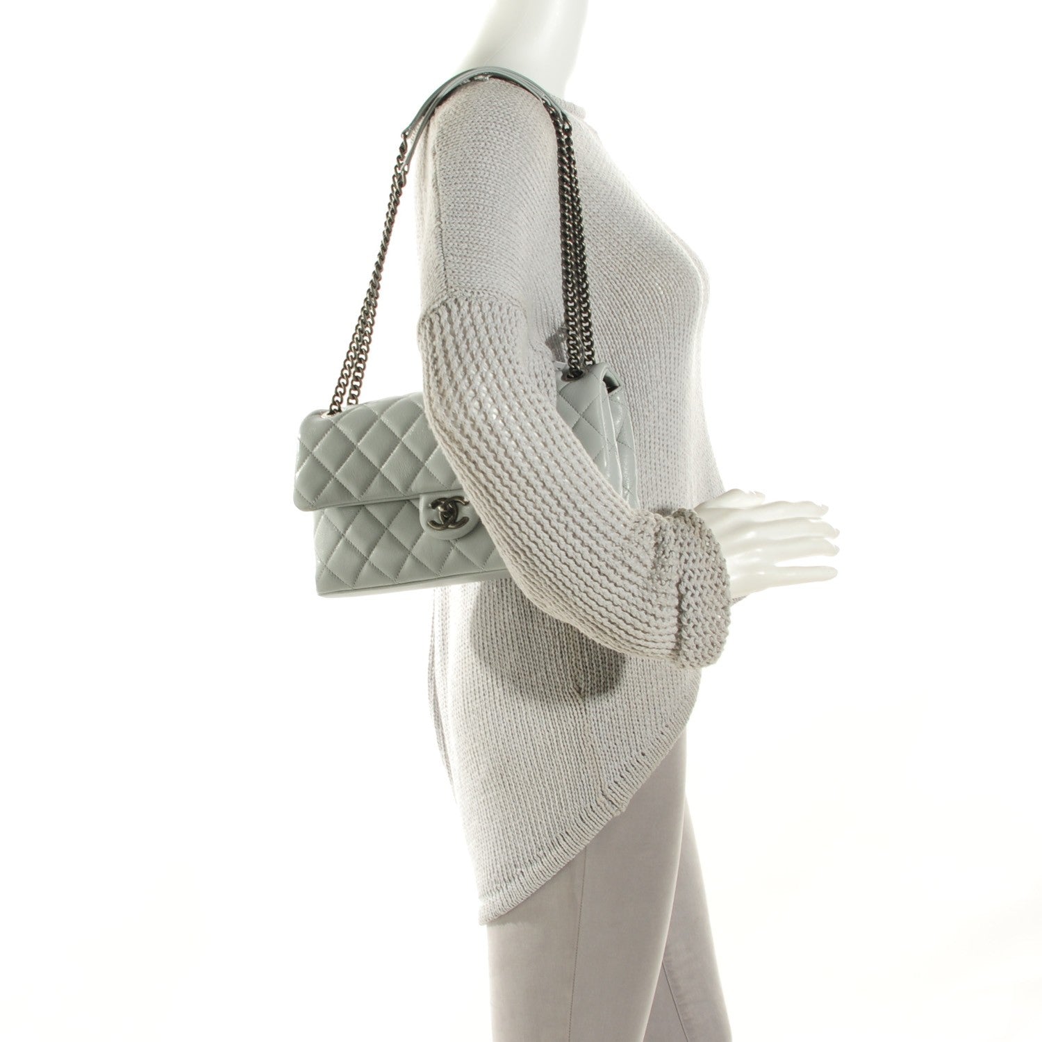 Chanel Shiny Lambskin Quilted Medium Flap Light Grey 2 of 8
