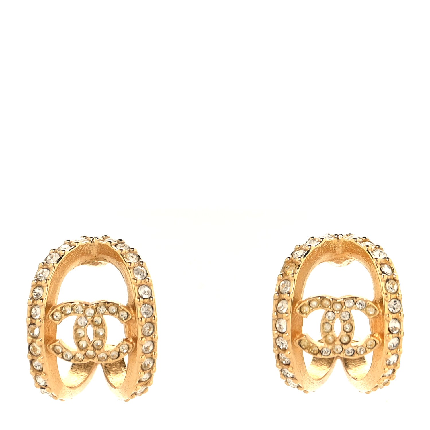 Chanel Crystal Strass CC Double Hoop Earrings Gold 1 of 6