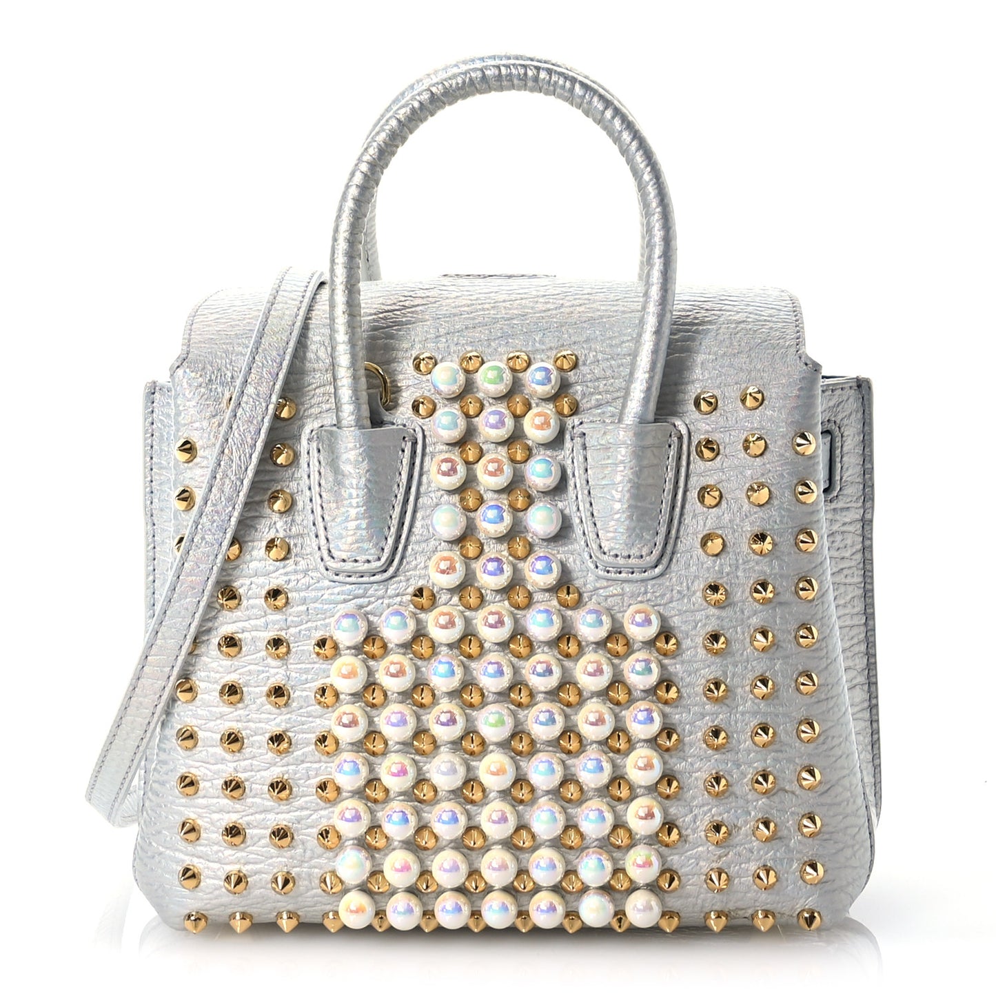 Calfskin Pearls Studded Mini Milla Tote White Flake