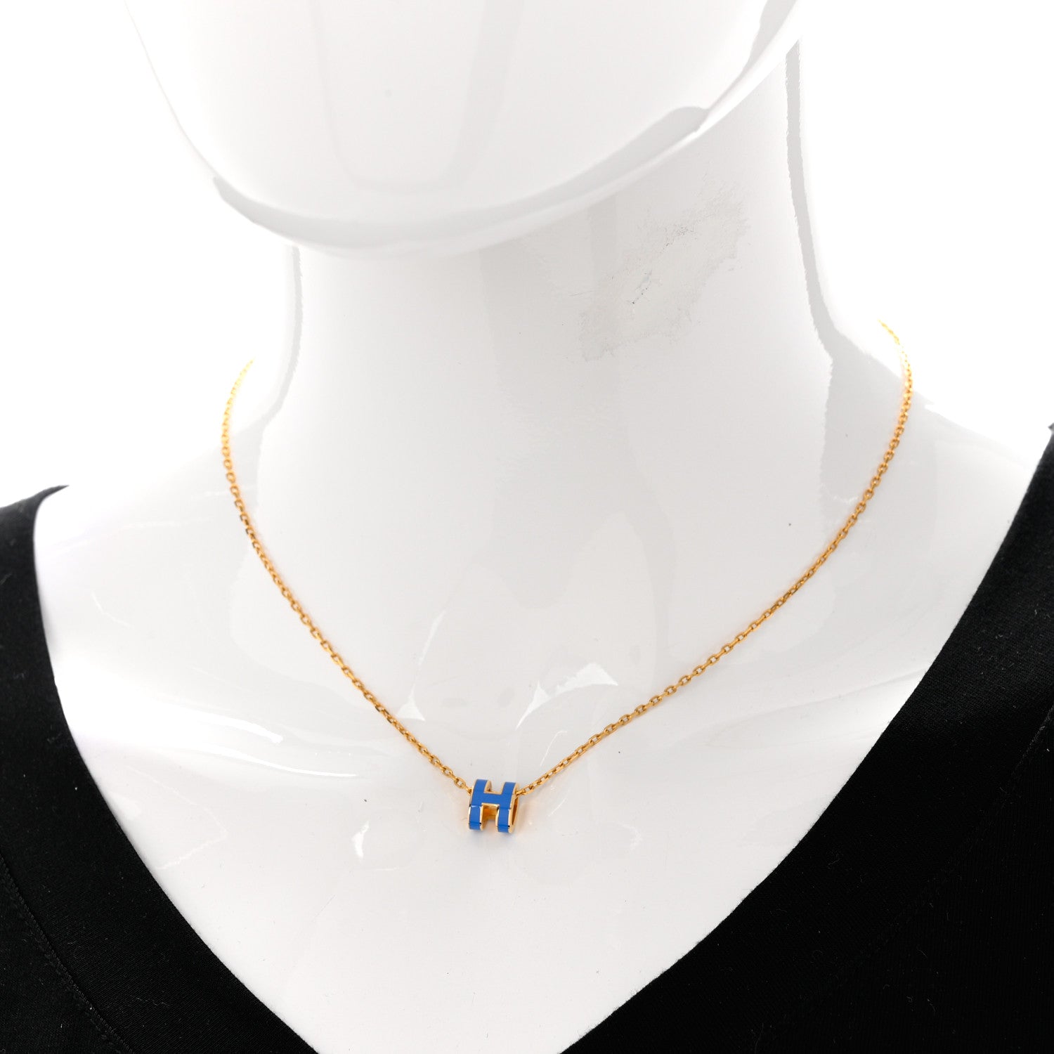 Hermes Lacquered Gold Mini Pop H Pendant Necklace Bleu Sature 2 of 8