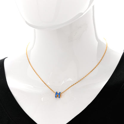 Hermes Lacquered Gold Mini Pop H Pendant Necklace Bleu Sature 2 of 8