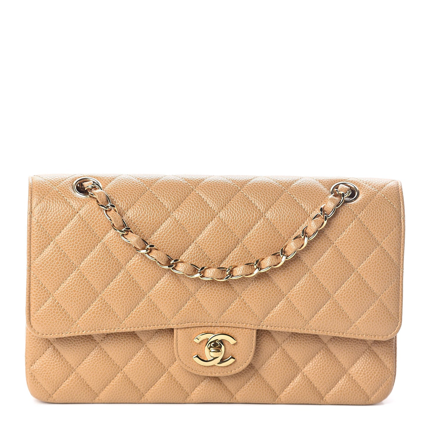 Caviar Quilted Medium Double Flap Beige
