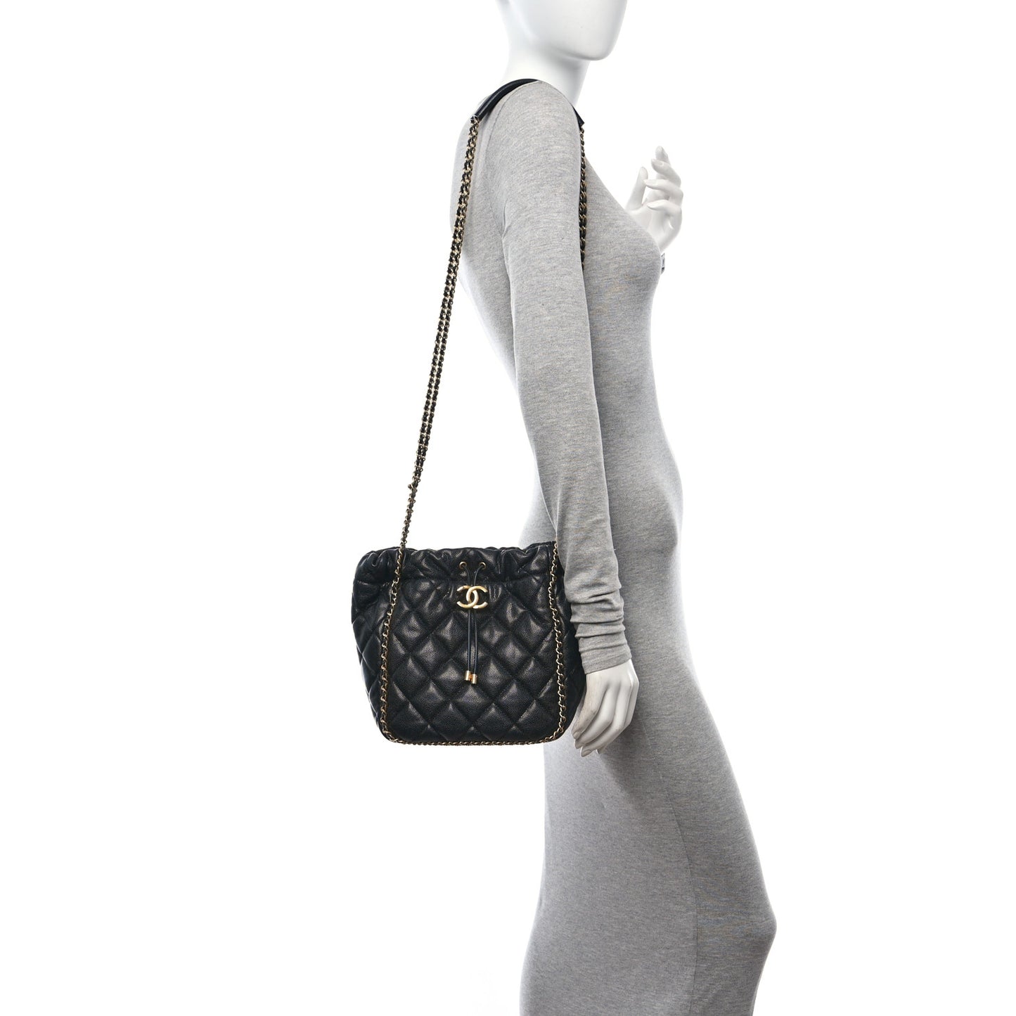 Caviar Quilted Chain Around Multi Chain Bucket Drawstring Bag Black