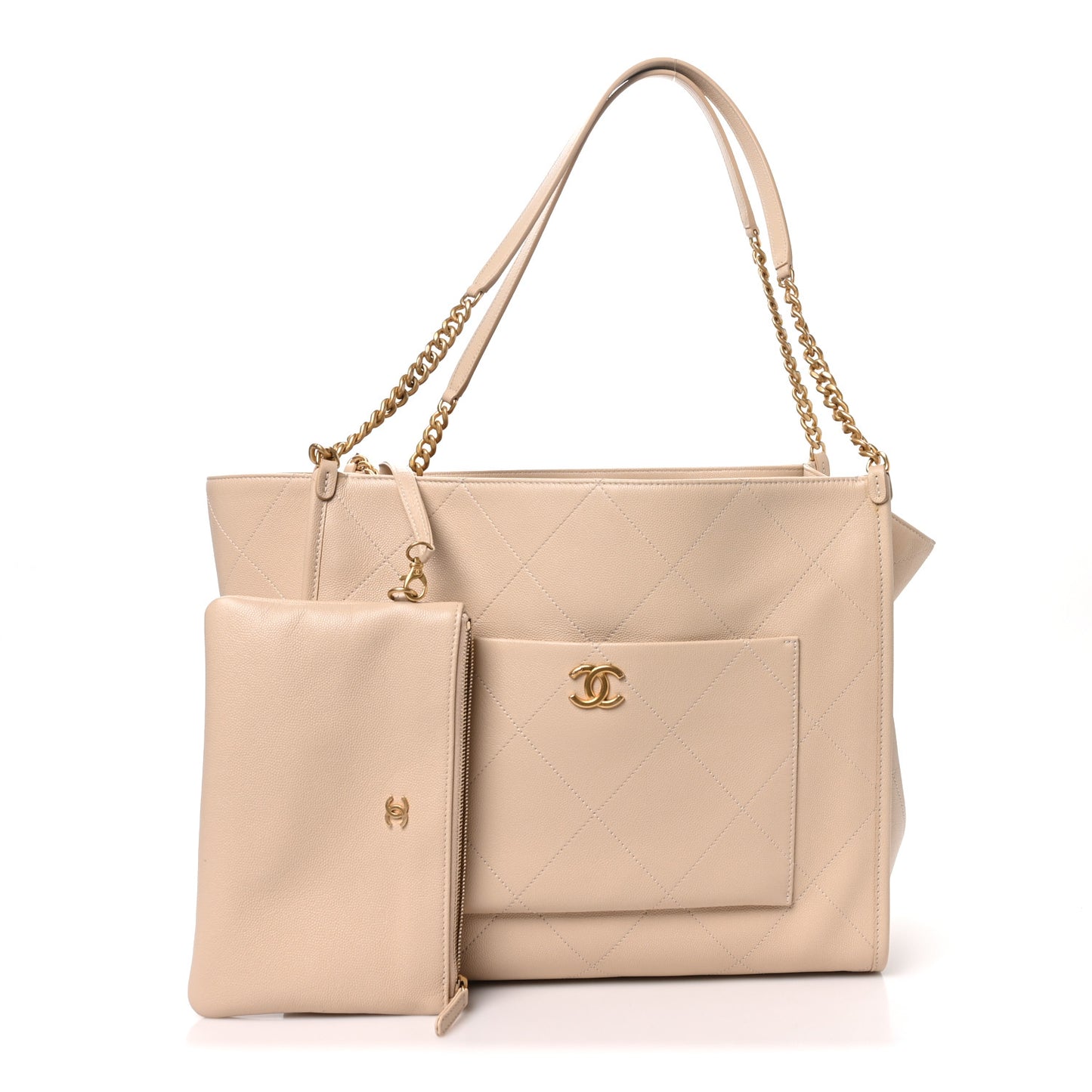 Caviar Stitched Pocket CC Large Tote Light Beige