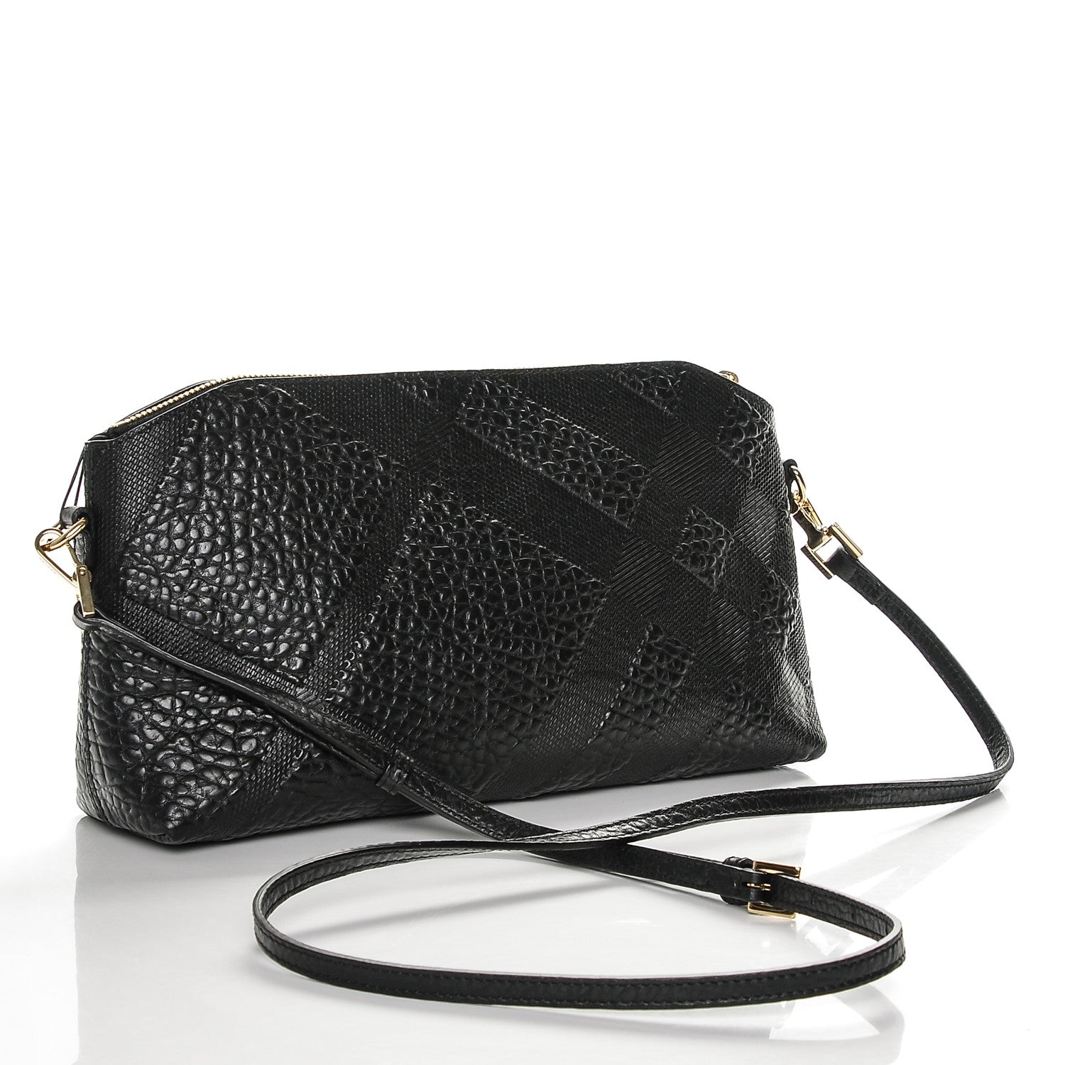 Burberry Signature Grain Calfskin Check Embossed Small Chichester Crossbody Clutch Bag Black 3 of 6