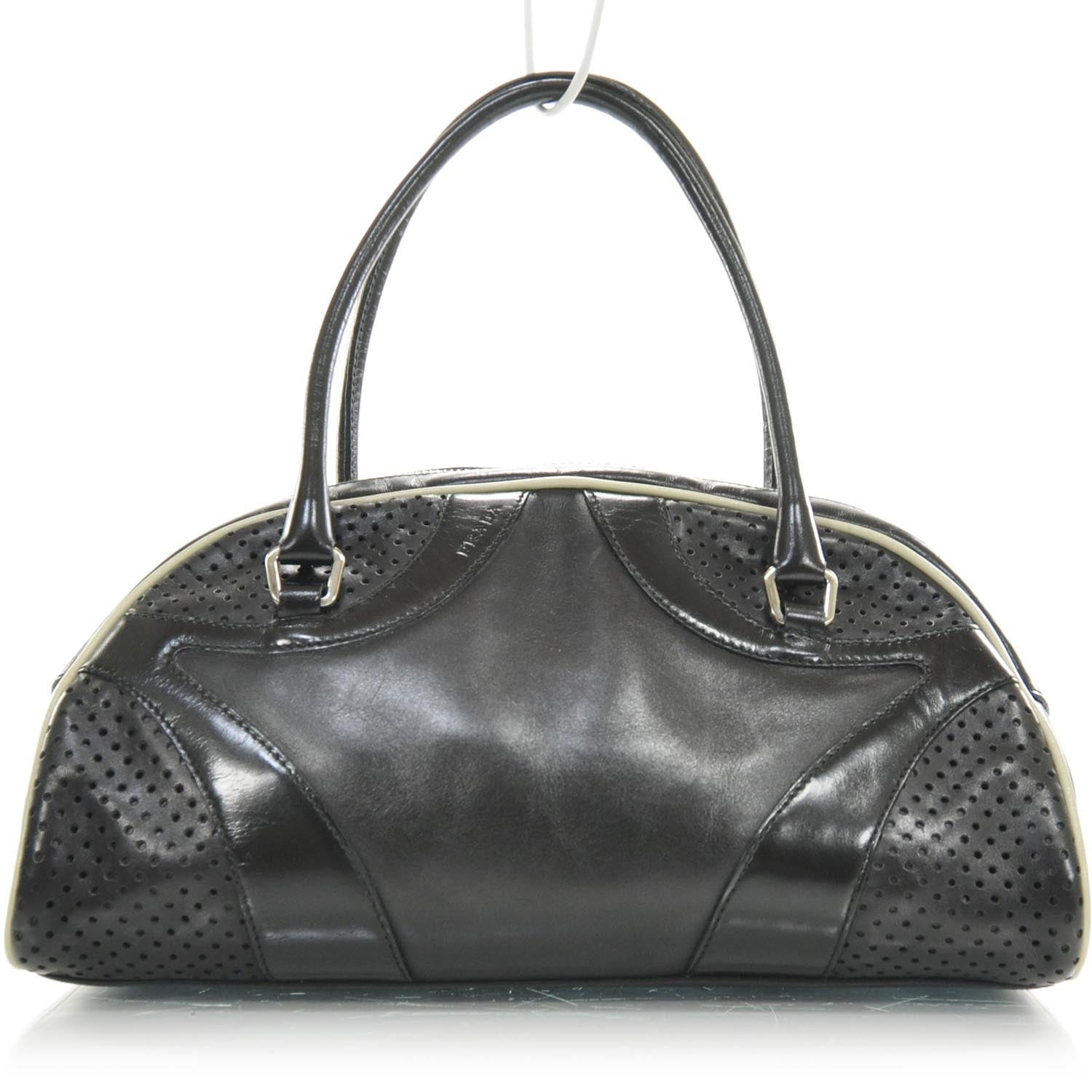 Prada Vitello Drive Perforated Bowling Bag Black 1 of 8