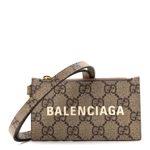 X BALENCIAGA GG Supreme Monogram Logo Card Case With Strap Beige Ebony