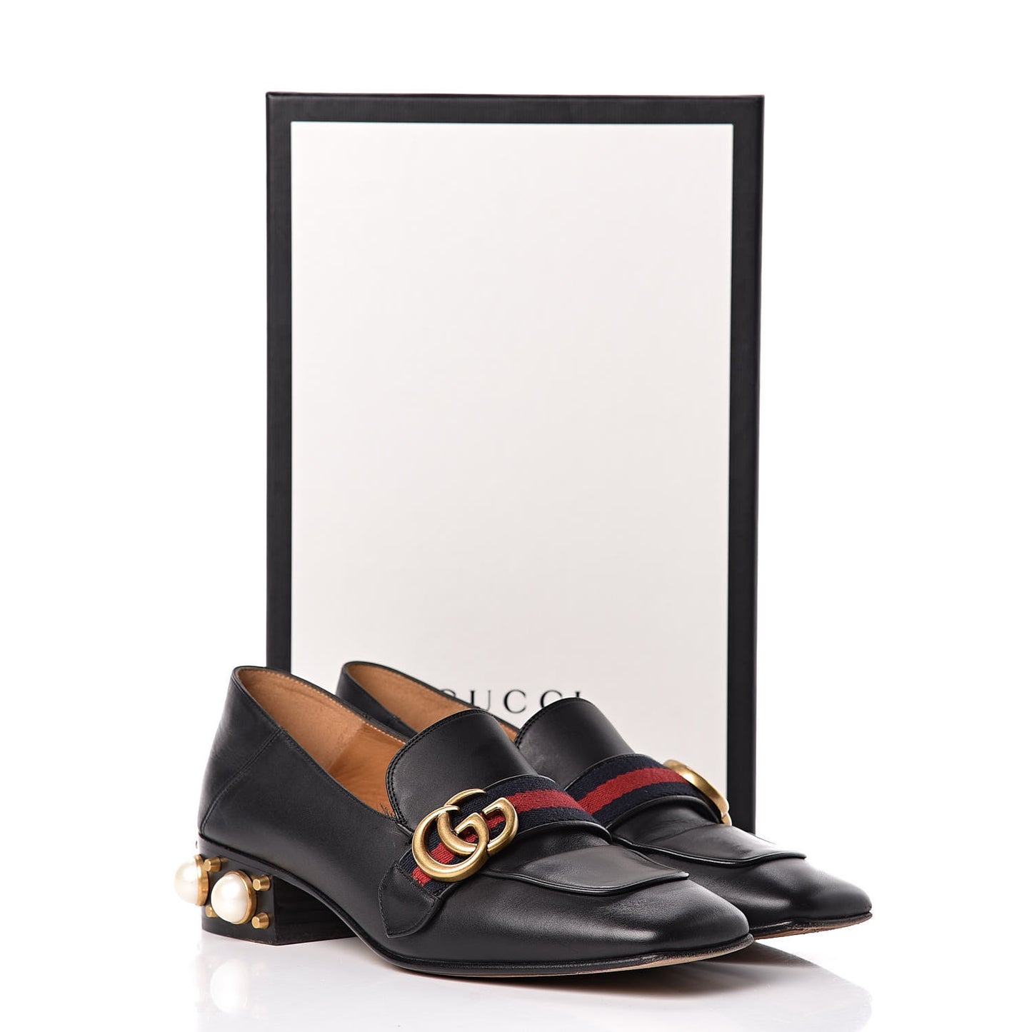 Betis Glamour Calfskin Web Pearl Embellished Peyton 35mm Loafer Pumps 37 Black