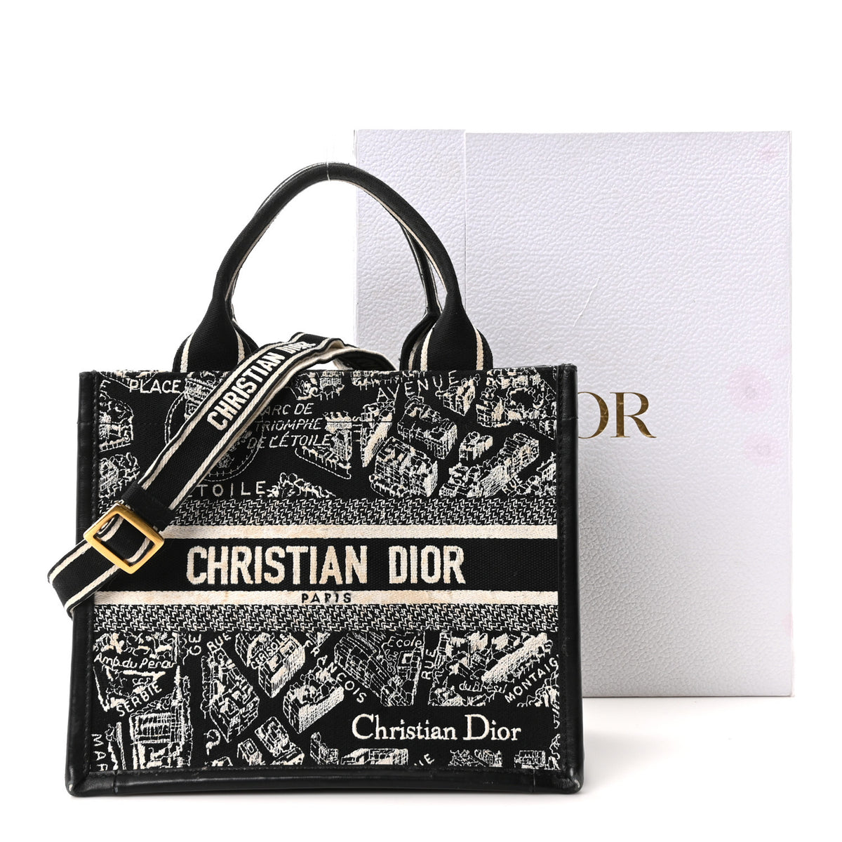 Canvas Calfskin Embroidered Small Plan De Paris Book Tote With Strap Black White