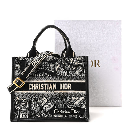 Christian Dior Canvas Calfskin Embroidered Small Plan De Paris Book Tote With Strap Black White 11 of 11
