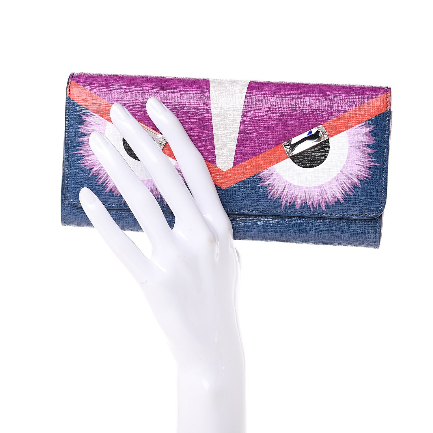 Fendi Vitello Elite Crystal Eye Monster Continental Wallet Cobalt Lavender Pink 2 of 9