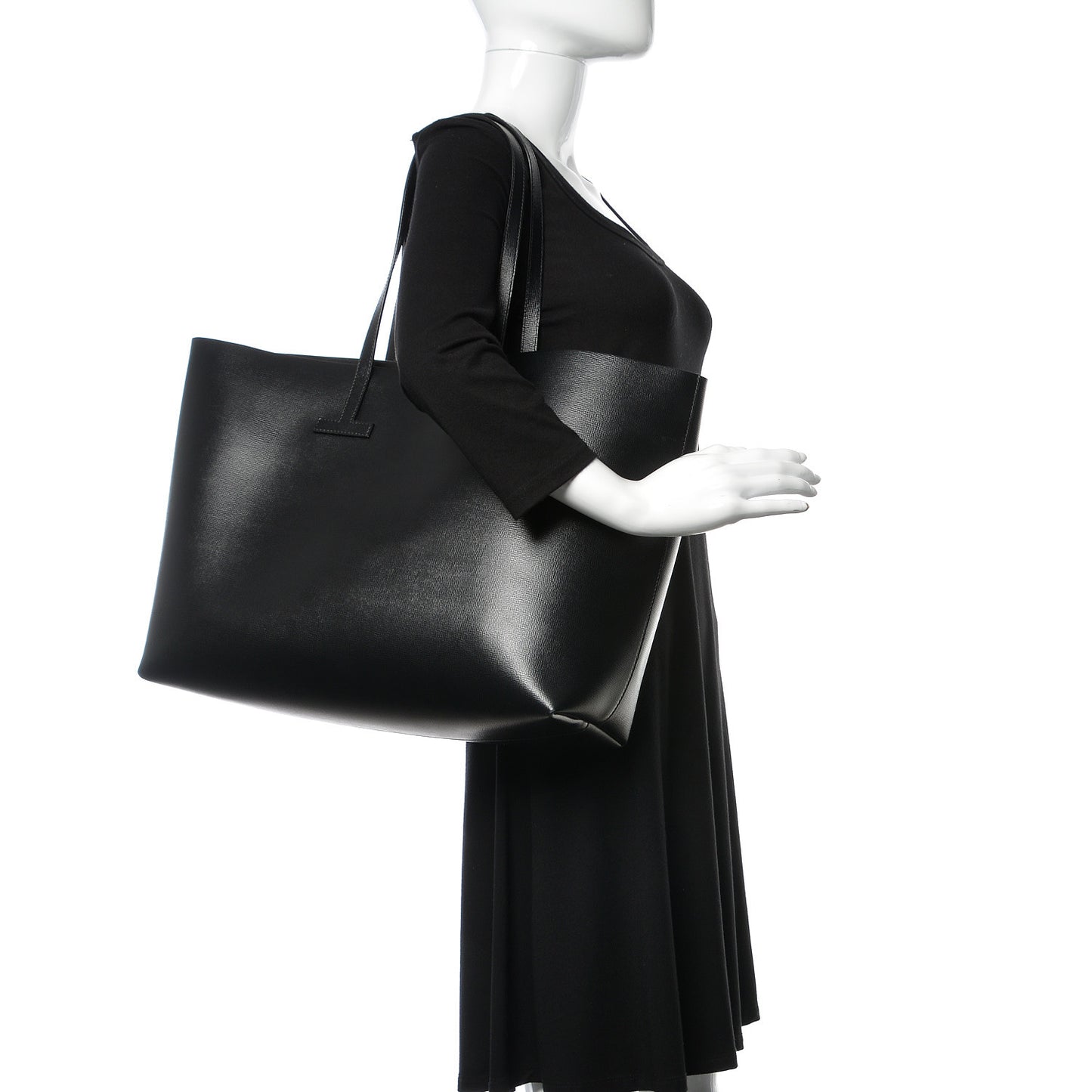 Grained Calfskin Large T Tote Black