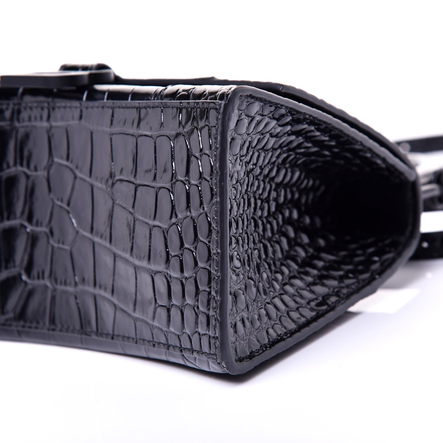 Shiny Calfskin Monochrome Crocodile Embossed Small Hourglass Top Handle Bag Black