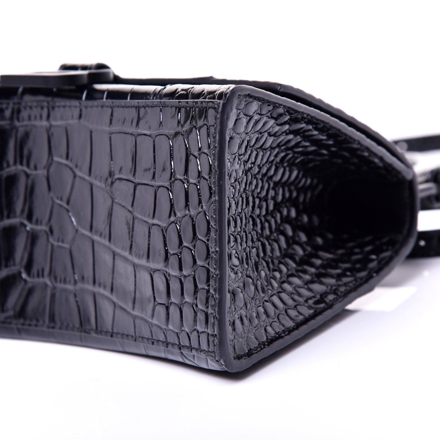Balenciaga Shiny Calfskin Monochrome Crocodile Embossed Small Hourglass Top Handle Bag Black 7 of 9
