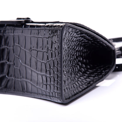 Balenciaga Shiny Calfskin Monochrome Crocodile Embossed Small Hourglass Top Handle Bag Black 7 of 9