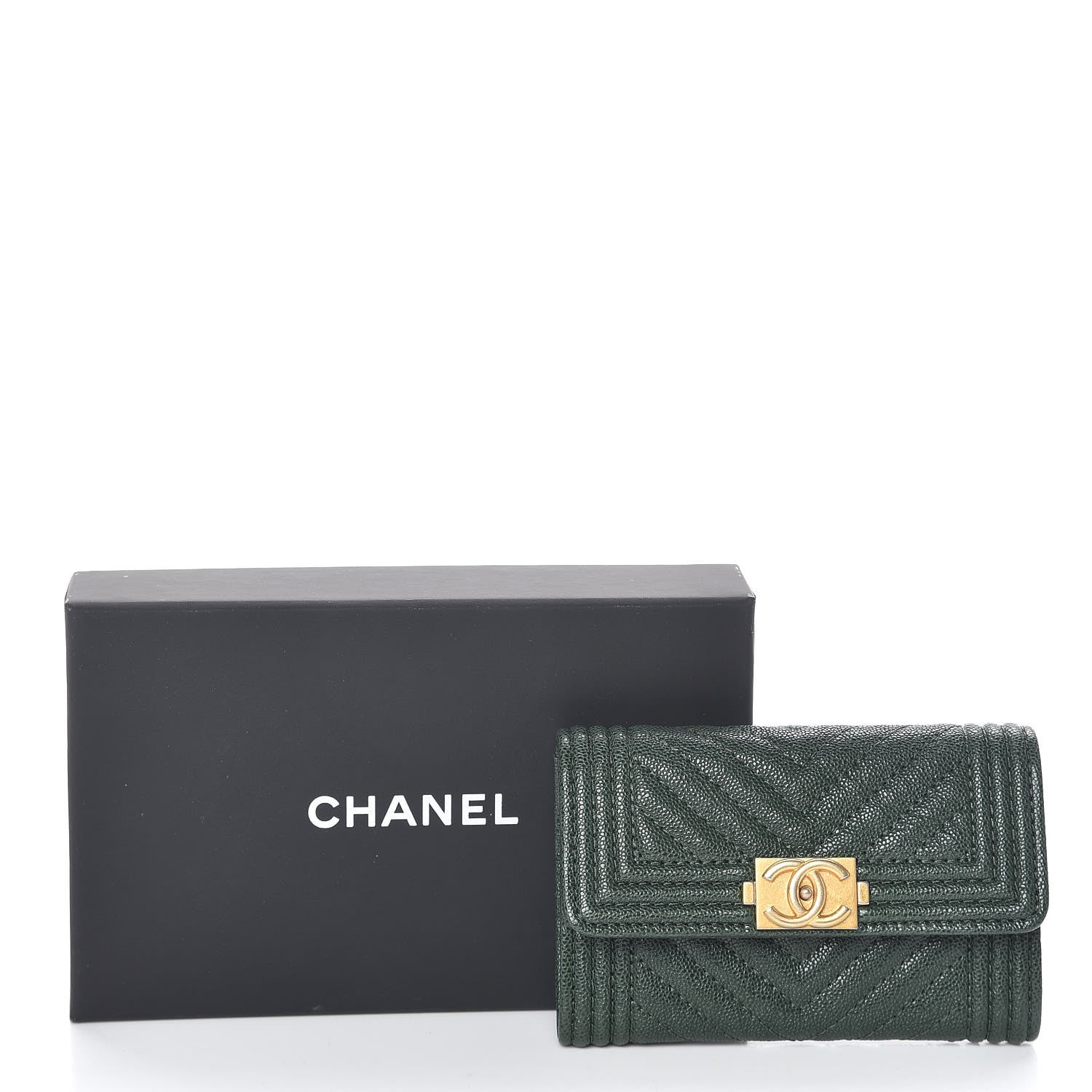 Chanel Caviar Chevron Quilted Boy Flap Card Holder Green 9 of 9