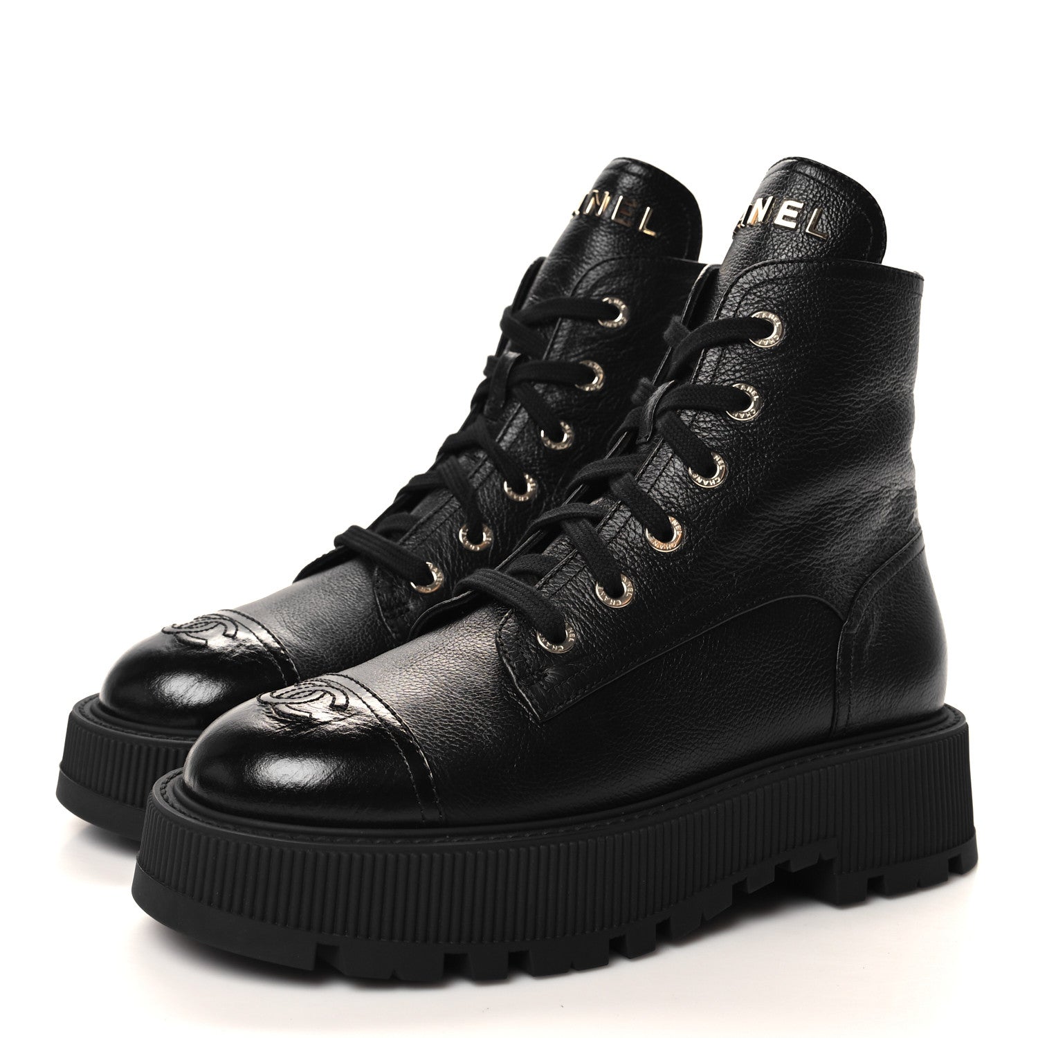 Chanel Grained Calfskin Shiny Calfskin CC Lace Up Combat Boots 40 Black 3 of 9