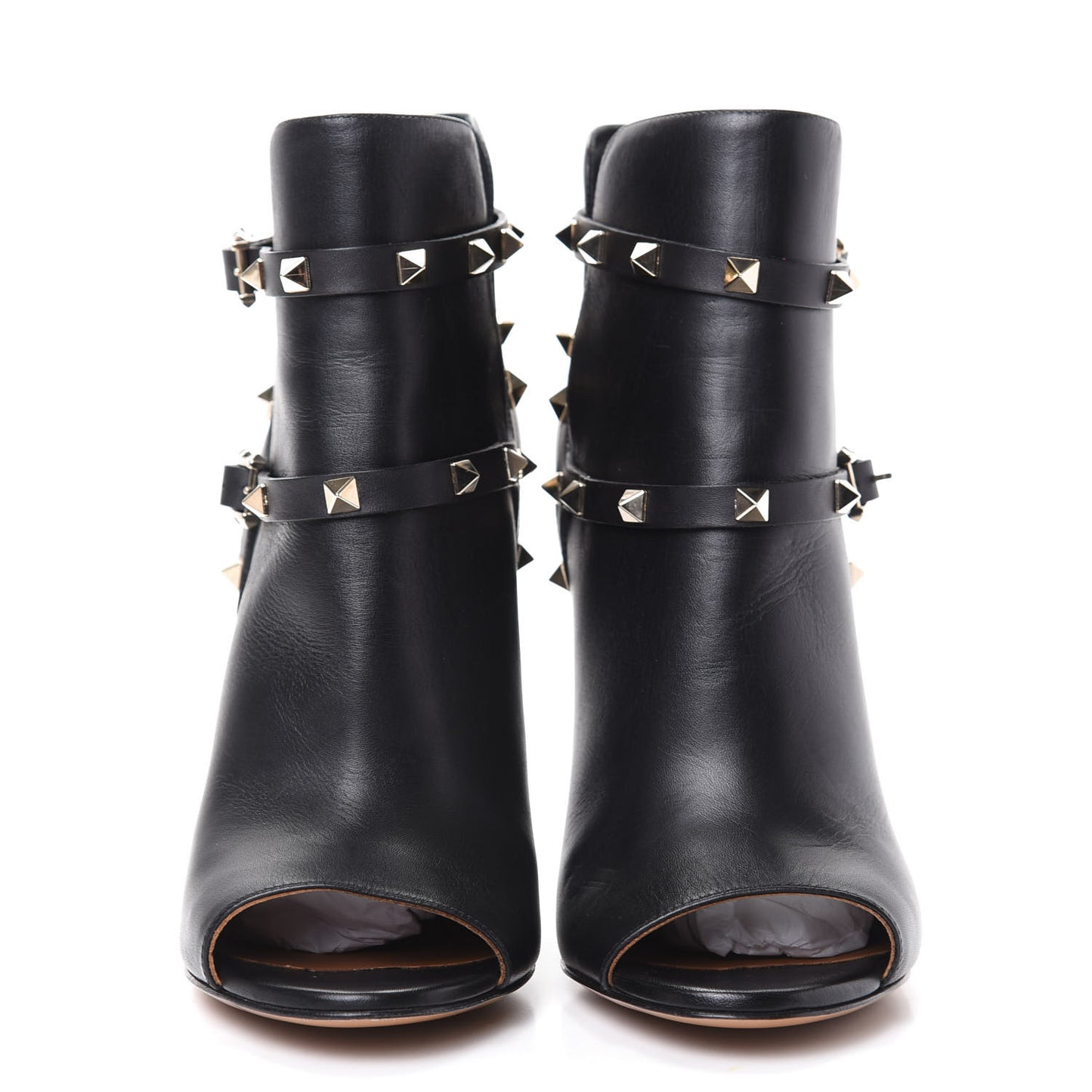 Calfskin Rockstud Peep Toe Double Buckle 100mm Ankle Boots 40 Black