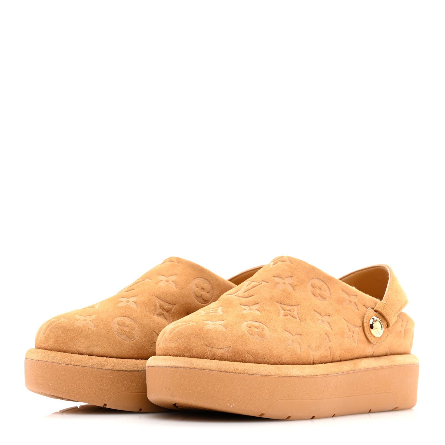 Suede Calfskin Embossed Monogram Aspen Platform Clog Mules 36.5 Cognac Brown